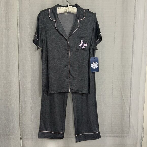 Life is Good L-XL Gray Pink Trim Notch Collar 2 pc Short Sleeve Top Pants PJ Set - Picture 8 of 16